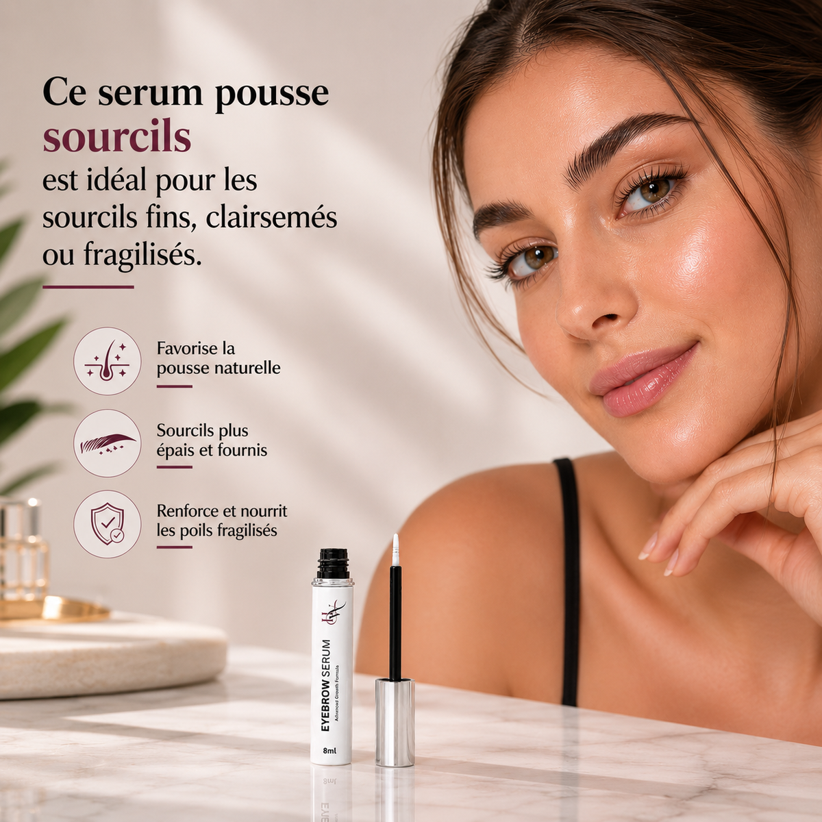 Woman with well-defined eyebrows next to an eyebrow serum product on a neutral background