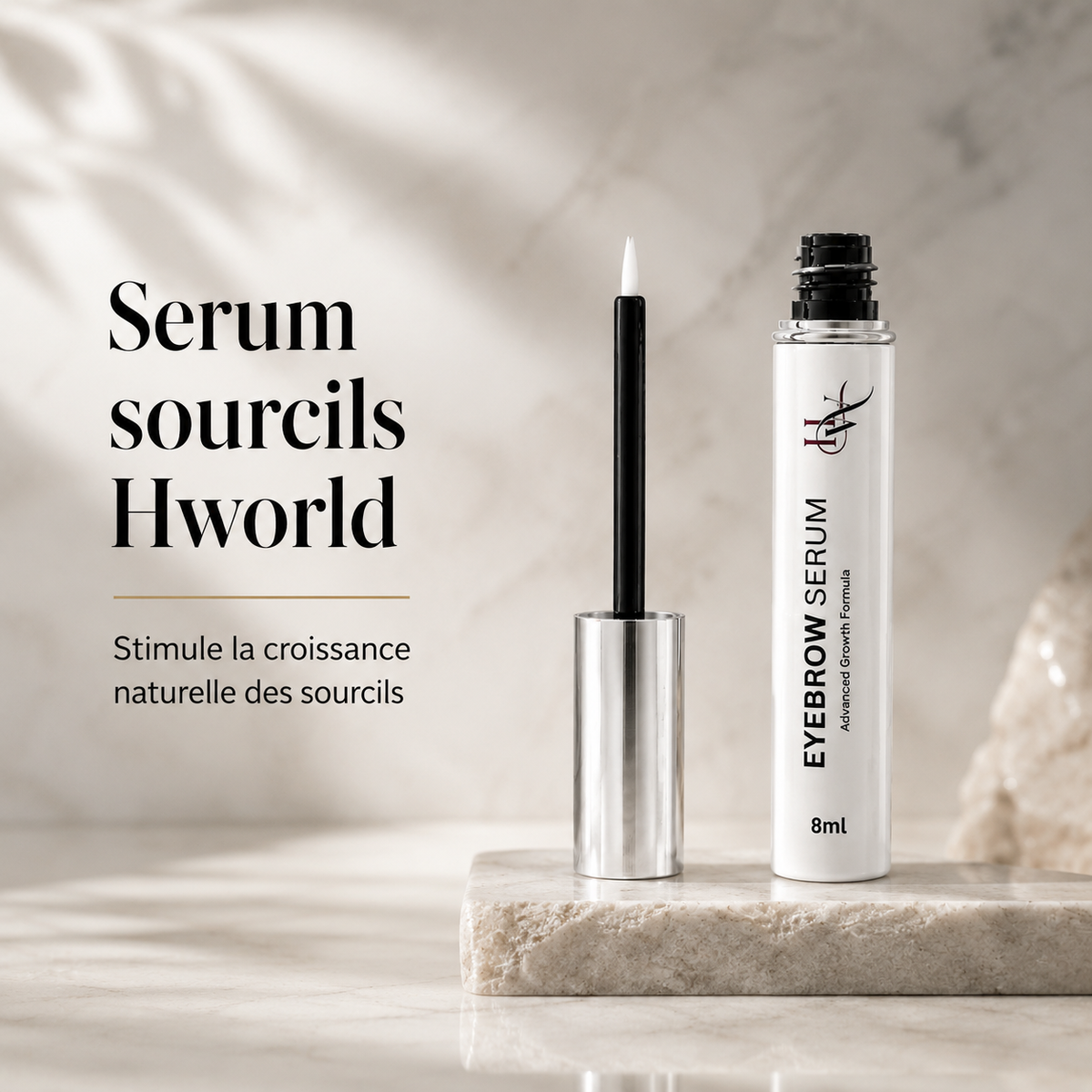Eyebrow serum with applicator on a neutral background