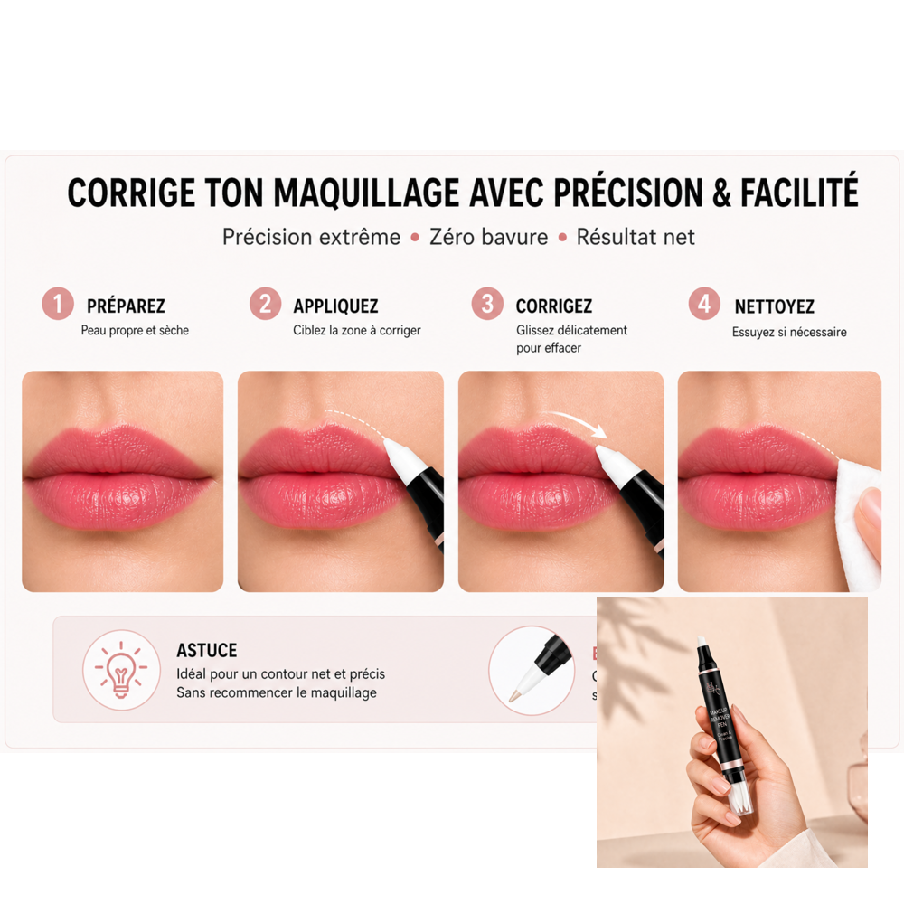 Step-by-step guide on using a makeup correction product with close-up shots of lips and product application.