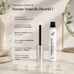 Eyebrow serum with packaging and text on a neutral background