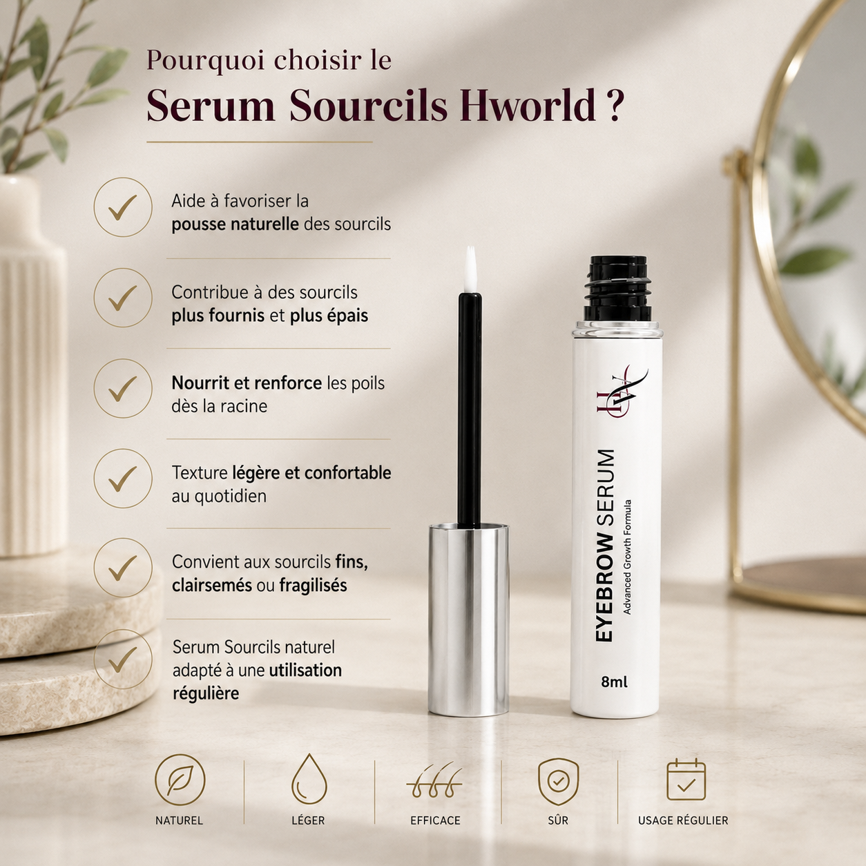 Eyebrow serum with packaging and text on a neutral background