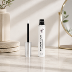 Eyebrow serum bottle with applicator on a neutral background