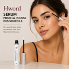 Woman applying eyebrow serum with Hword branding on a beige background