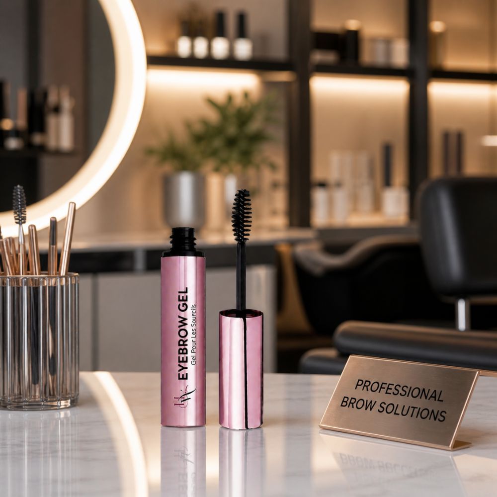 Eyebrow gel and mascara with a sign indicating 'Professional Brow Solutions' in a salon setting.