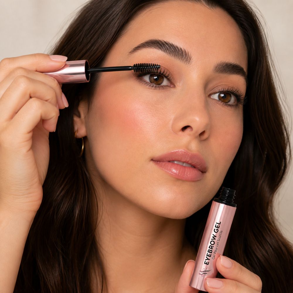 Woman applying eyelash gel and eyebrow gel with a neutral background