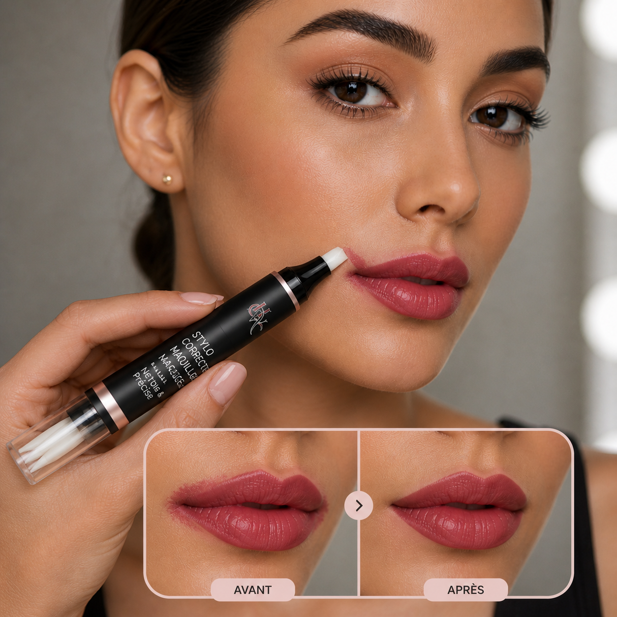 Woman applying a lip product with close-up insets showing before and after effects.