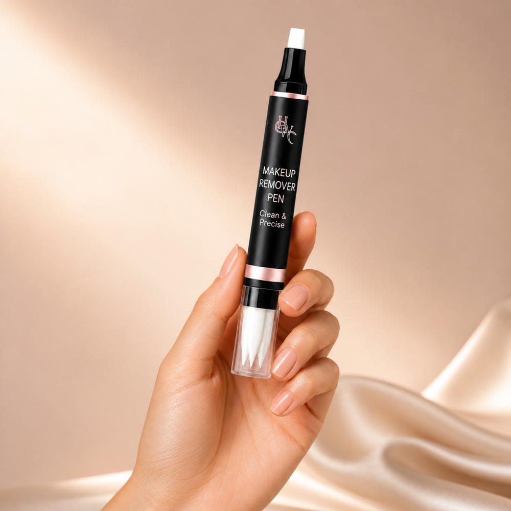 Makeup remover pen held in a hand against a beige background